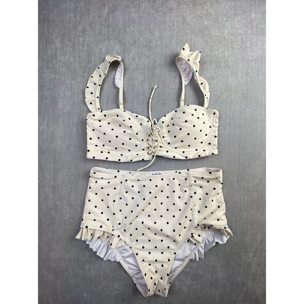 Marina West Cream Black Polka Dot Ruffle High Waist Bikini‎ Set Medium